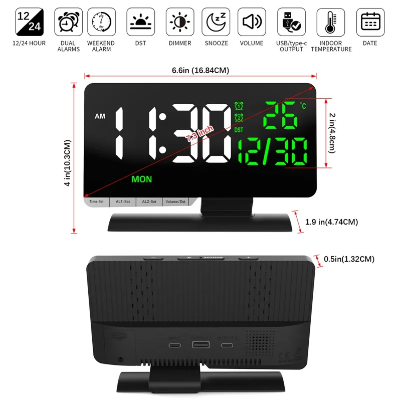 EN8836-B LED Digital Alarm Clock with DST Function Perpetual Calendar Temperature Week Display Desk Clock - Black