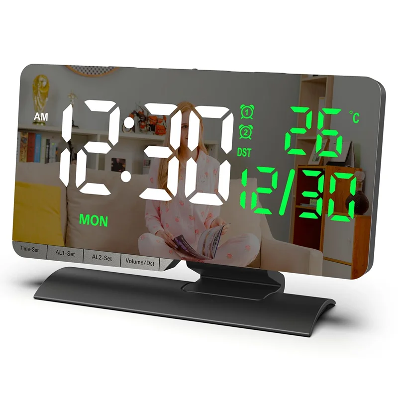 EN8836-B LED Digital Alarm Clock with DST Function Perpetual Calendar Temperature Week Display Desk Clock - Black
