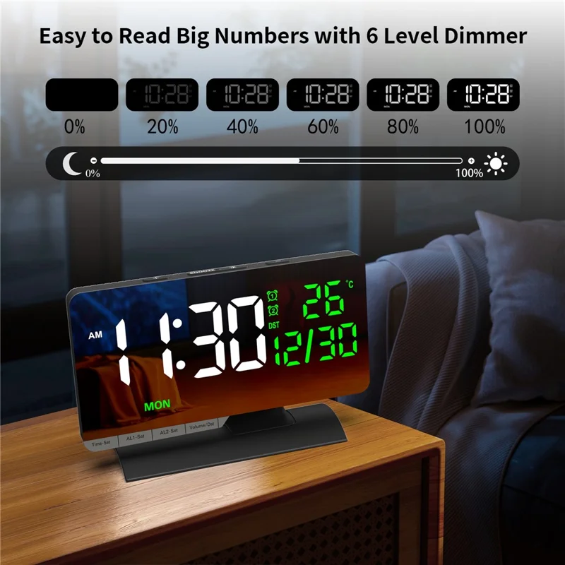 EN8836-B LED Digital Alarm Clock with DST Function Perpetual Calendar Temperature Week Display Desk Clock - Black