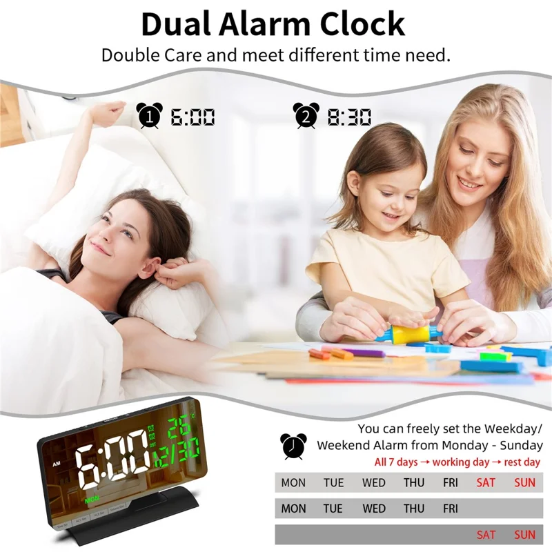 EN8836-B LED Digital Alarm Clock with DST Function Perpetual Calendar Temperature Week Display Desk Clock - Black
