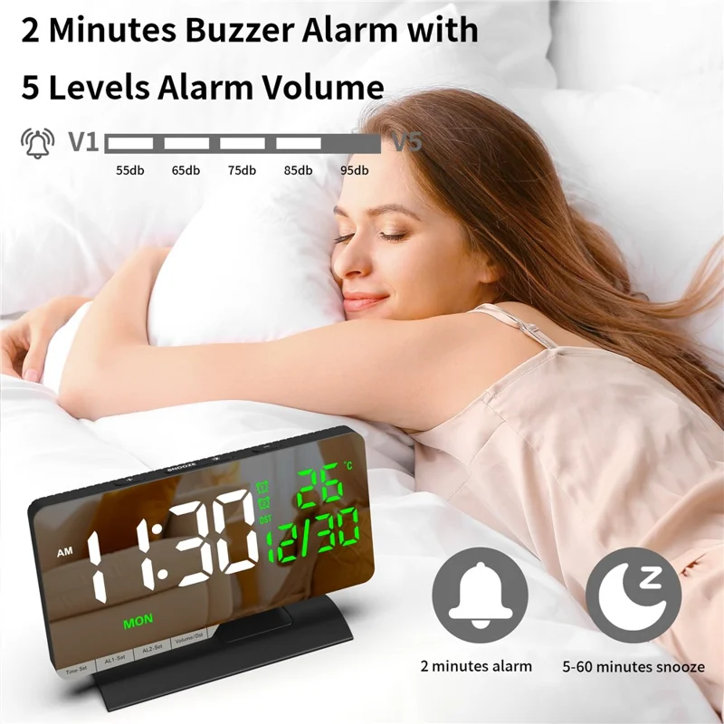 EN8836-B LED Digital Alarm Clock with DST Function Perpetual Calendar Temperature Week Display Desk Clock - Black
