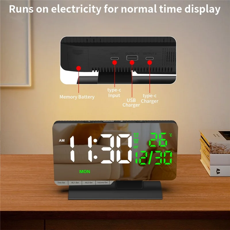 EN8836-B LED Digital Alarm Clock with DST Function Perpetual Calendar Temperature Week Display Desk Clock - Black