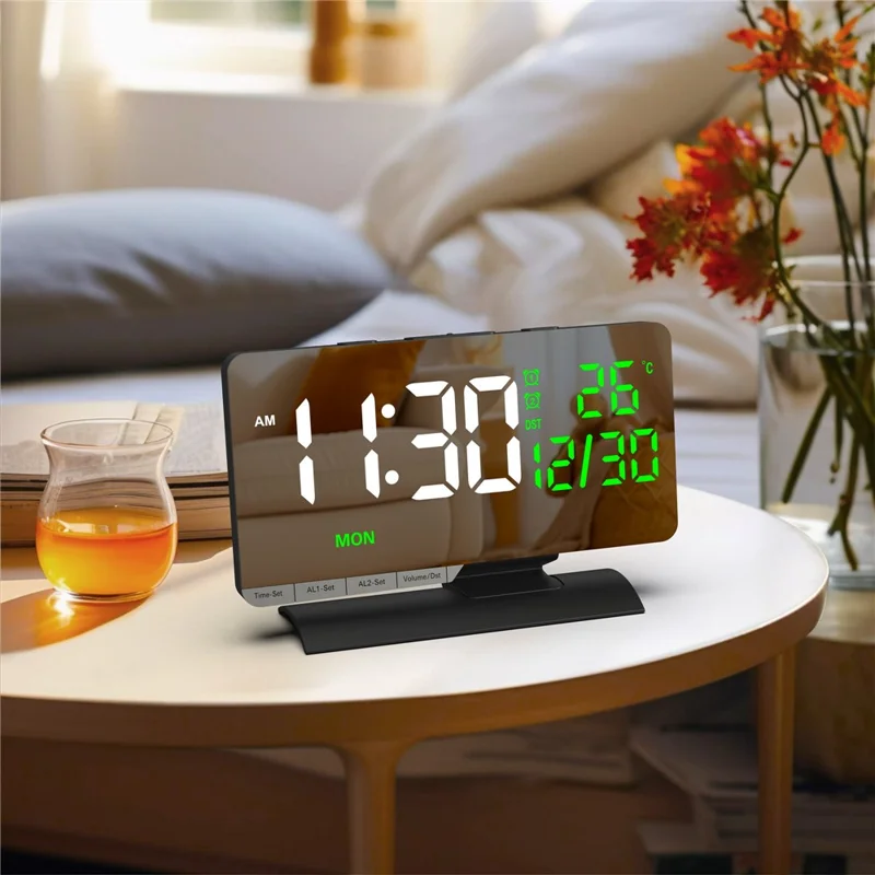 EN8836-B LED Digital Alarm Clock with DST Function Perpetual Calendar Temperature Week Display Desk Clock - Black