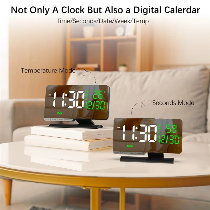 EN8836-B LED Digital Alarm Clock with DST Function Perpetual Calendar Temperature Week Display Desk Clock - Black
