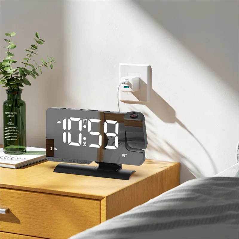 Relógio Digital de Mesa com Projeção de LED Grande EN8836-C, Alarme Duplo, Dimmer, Exibição de Dia da Semana e Horário de Verão - Preto