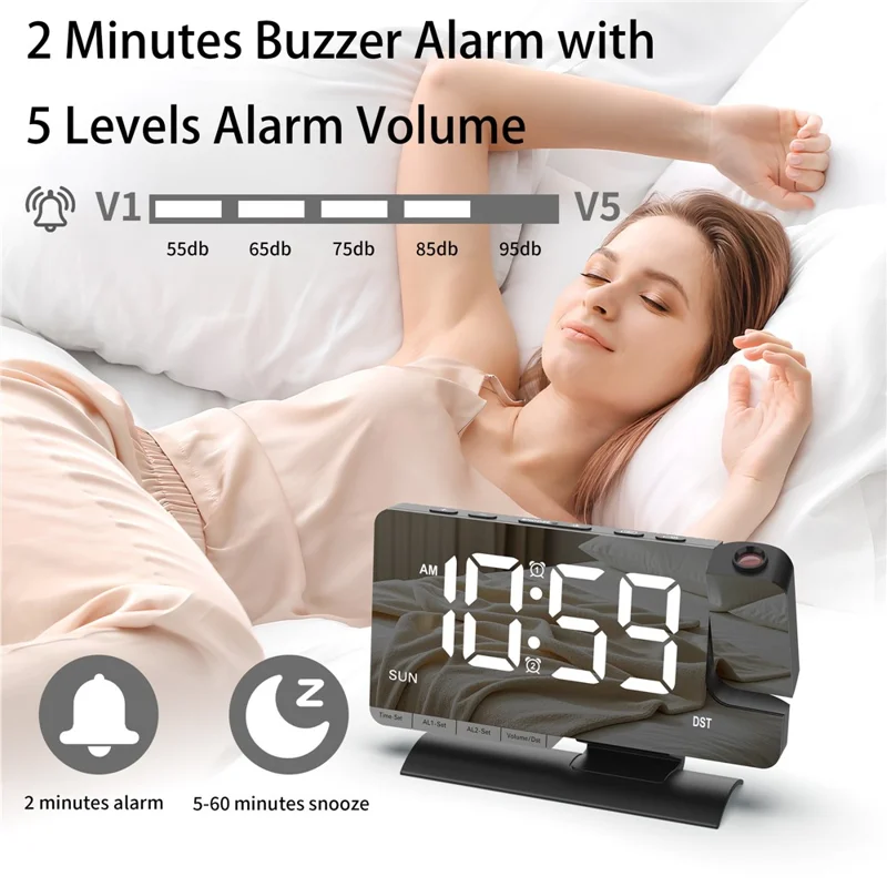 Relógio Digital de Mesa com Projeção de LED Grande EN8836-C, Alarme Duplo, Dimmer, Exibição de Dia da Semana e Horário de Verão - Preto