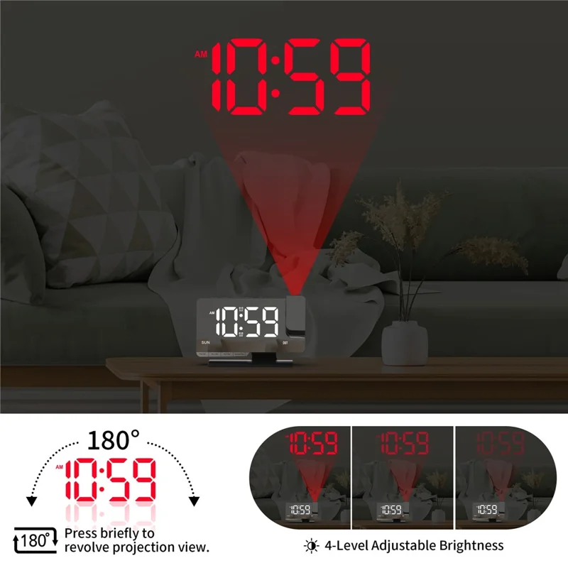 Relógio Digital de Mesa com Projeção de LED Grande EN8836-C, Alarme Duplo, Dimmer, Exibição de Dia da Semana e Horário de Verão - Preto