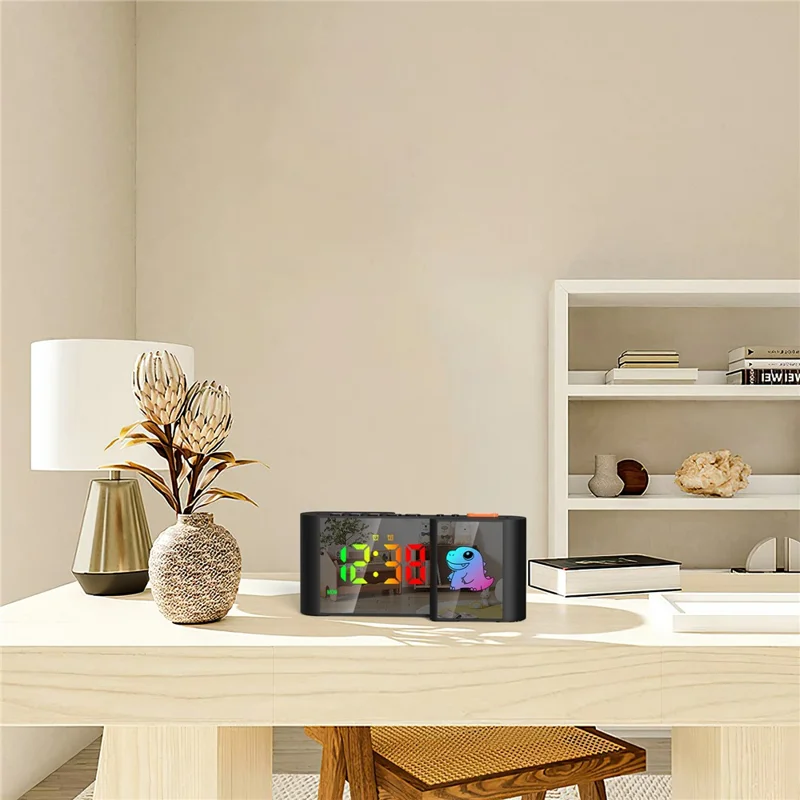 Zegarek alarmowy EN8837-C z kolorowym wyświetlaczem RGB, dwoma ekranami w kształcie litery S, lampką nocną z motywem kreskówek, wyświetlacz 12/24 godz., czarny korpus + dinozaur