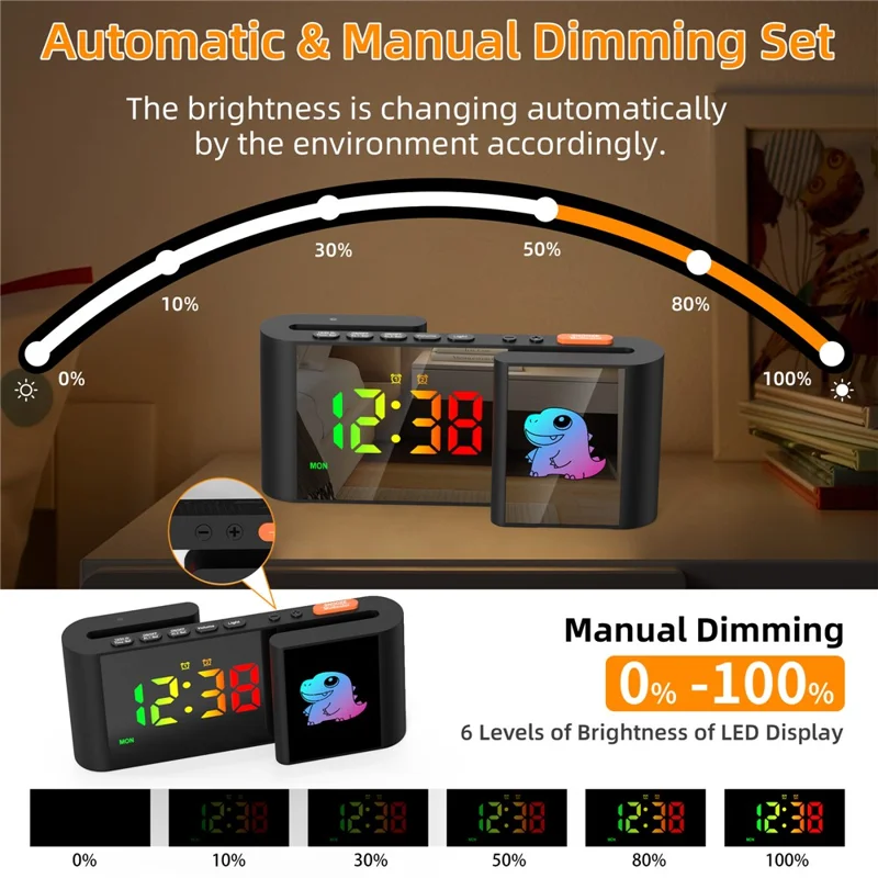 Zegarek alarmowy EN8837-C z kolorowym wyświetlaczem RGB, dwoma ekranami w kształcie litery S, lampką nocną z motywem kreskówek, wyświetlacz 12/24 godz., czarny korpus + dinozaur