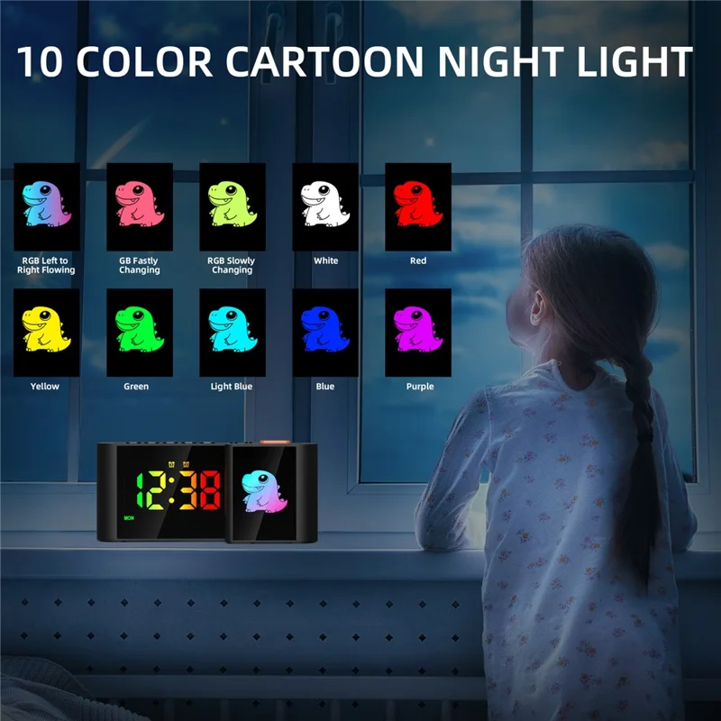 Zegarek alarmowy EN8837-C z kolorowym wyświetlaczem RGB, dwoma ekranami w kształcie litery S, lampką nocną z motywem kreskówek, wyświetlacz 12/24 godz., czarny korpus + dinozaur