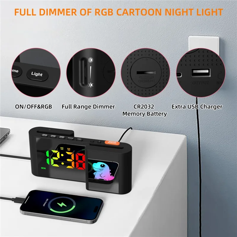 Zegarek alarmowy EN8837-C z kolorowym wyświetlaczem RGB, dwoma ekranami w kształcie litery S, lampką nocną z motywem kreskówek, wyświetlacz 12/24 godz., czarny korpus + dinozaur