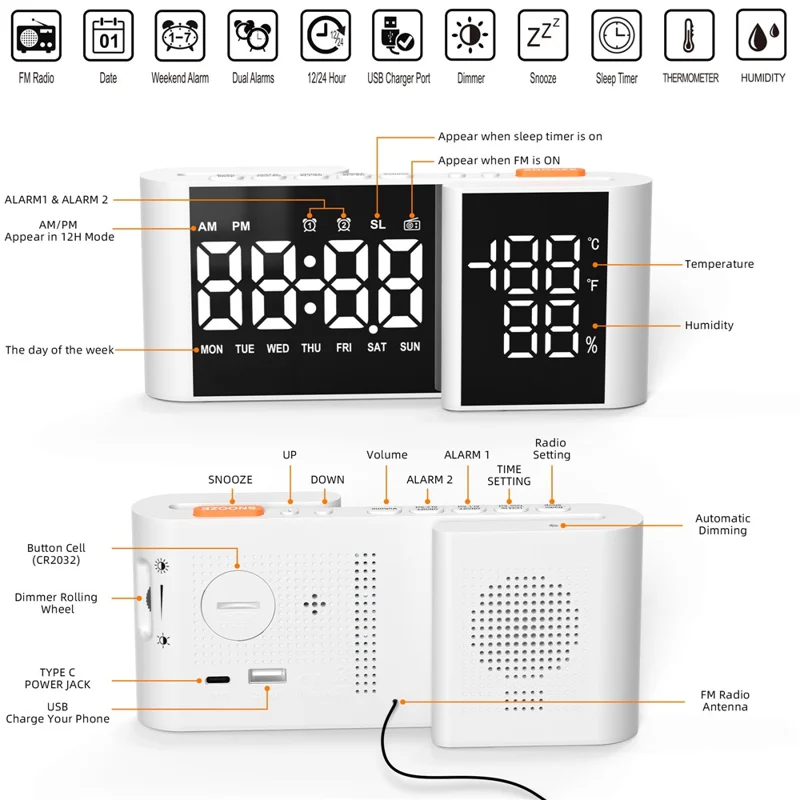 EN8837-A S-formad väckarklocka med FM-radio, 0–100 % dimmer, digital klocka med dubbla alarm, termohygrometer för sovrummet – Vit+Vit