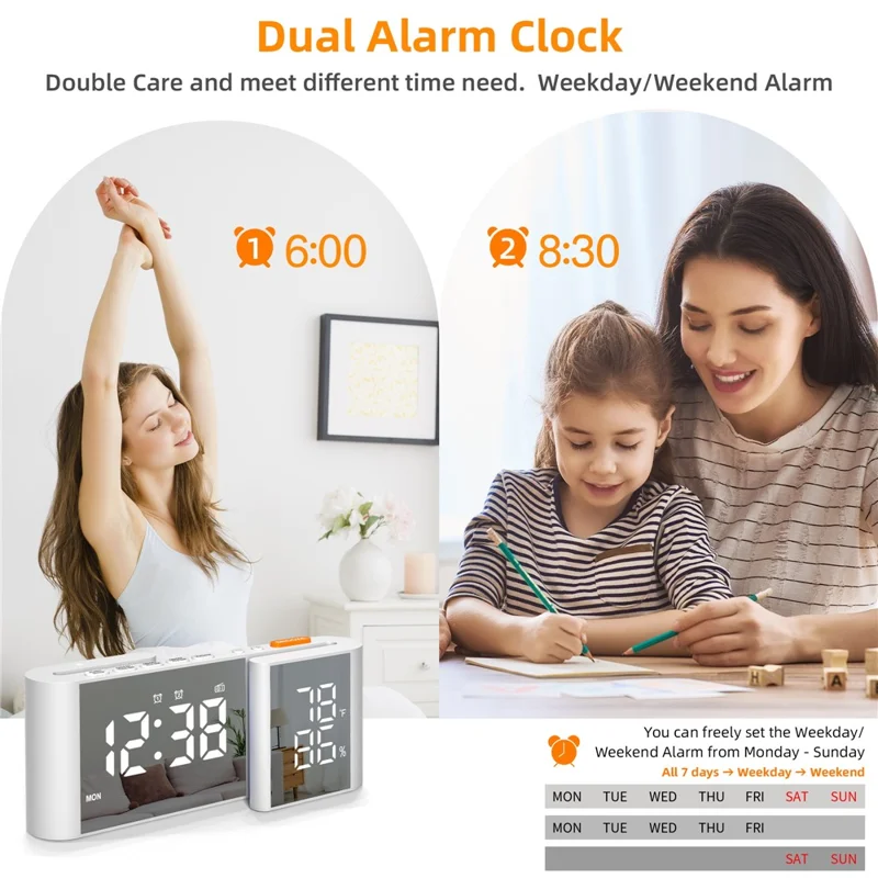 EN8837-A S-formad väckarklocka med FM-radio, 0–100 % dimmer, digital klocka med dubbla alarm, termohygrometer för sovrummet – Vit+Vit