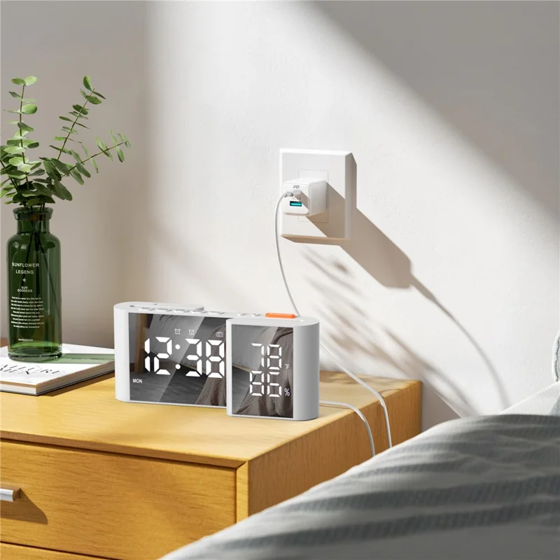 EN8837-A S-formad väckarklocka med FM-radio, 0–100 % dimmer, digital klocka med dubbla alarm, termohygrometer för sovrummet – Vit+Vit