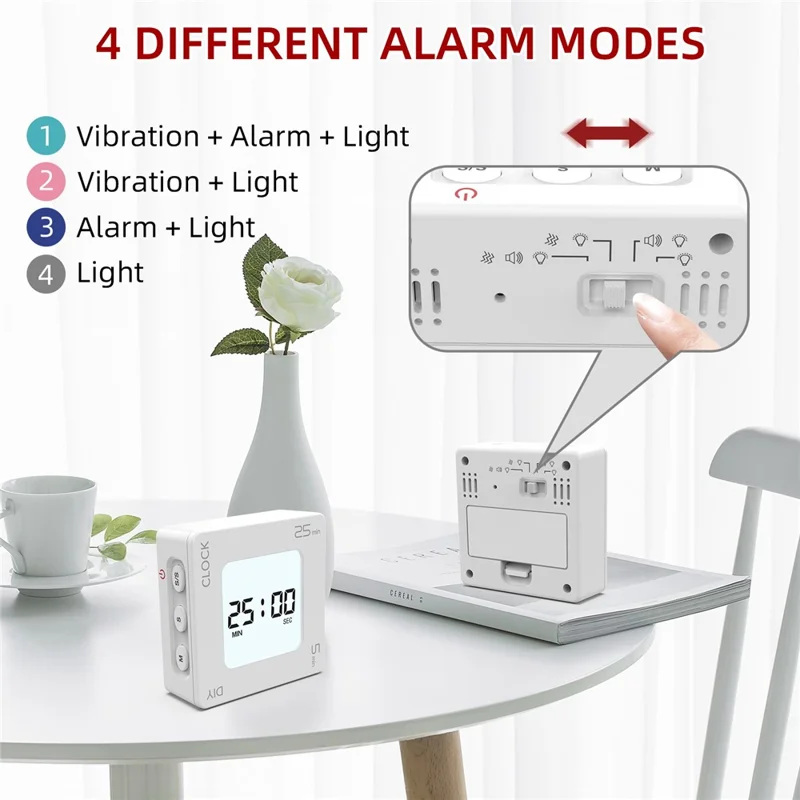 EN7019 Portable Flip Timer Mini Time Reminder Vibrating Timer Countdown Alarm Clock with Backlit - White / Glossy