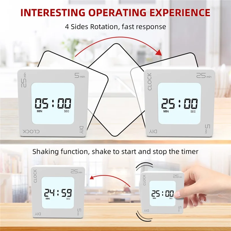 EN7019 Portable Flip Timer Mini Time Reminder Vibrating Timer Countdown Alarm Clock with Backlit - White / Glossy