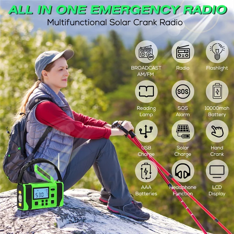 EGR-168-WB LCD Display Solar Powered Hand Crank AM / FM Radio SOS Alarm 10000mAh Power Bank with LED Flashlight