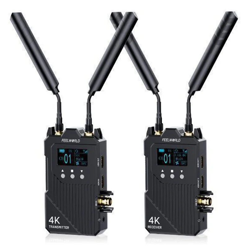 FEELWORLD WT1S Trådløs video sender/modtager sæt med dobbelt HD + SDI signalport, fuld duplex talekommunikation, 300 m rækkevidde, 4K transmission