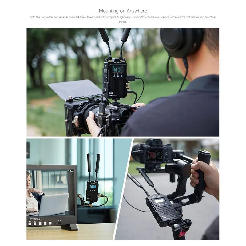 FEELWORLD WT1S Trådløs video sender/modtager sæt med dobbelt HD + SDI signalport, fuld duplex talekommunikation, 300 m rækkevidde, 4K transmission
