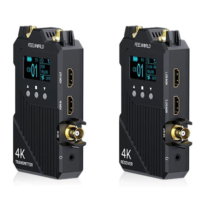 FEELWORLD WT1S Trådløs video sender/modtager sæt med dobbelt HD + SDI signalport, fuld duplex talekommunikation, 300 m rækkevidde, 4K transmission