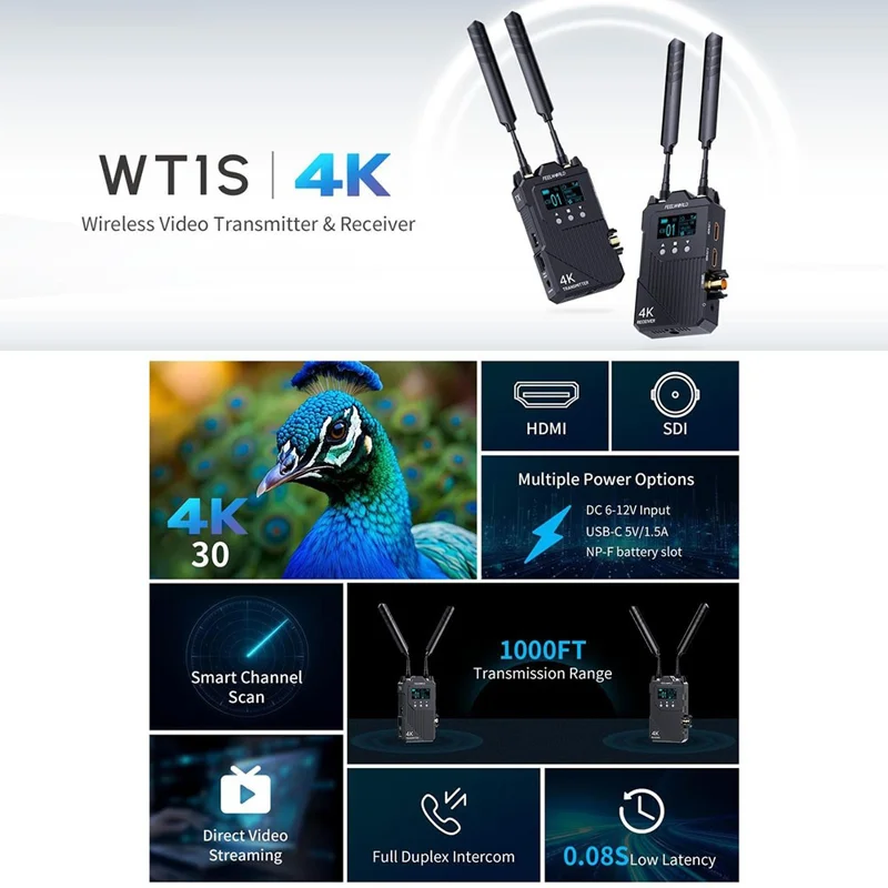 FEELWORLD WT1S Trådløs video sender/modtager sæt med dobbelt HD + SDI signalport, fuld duplex talekommunikation, 300 m rækkevidde, 4K transmission