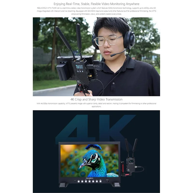 FEELWORLD WT1S Trådløs video sender/modtager sæt med dobbelt HD + SDI signalport, fuld duplex talekommunikation, 300 m rækkevidde, 4K transmission