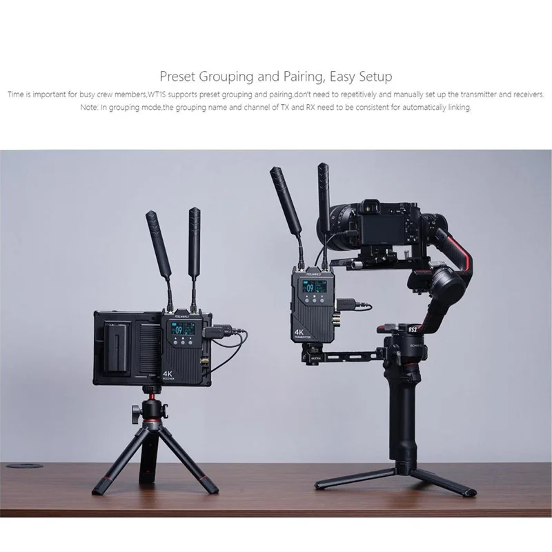 FEELWORLD WT1S Trådløs video sender/modtager sæt med dobbelt HD + SDI signalport, fuld duplex talekommunikation, 300 m rækkevidde, 4K transmission