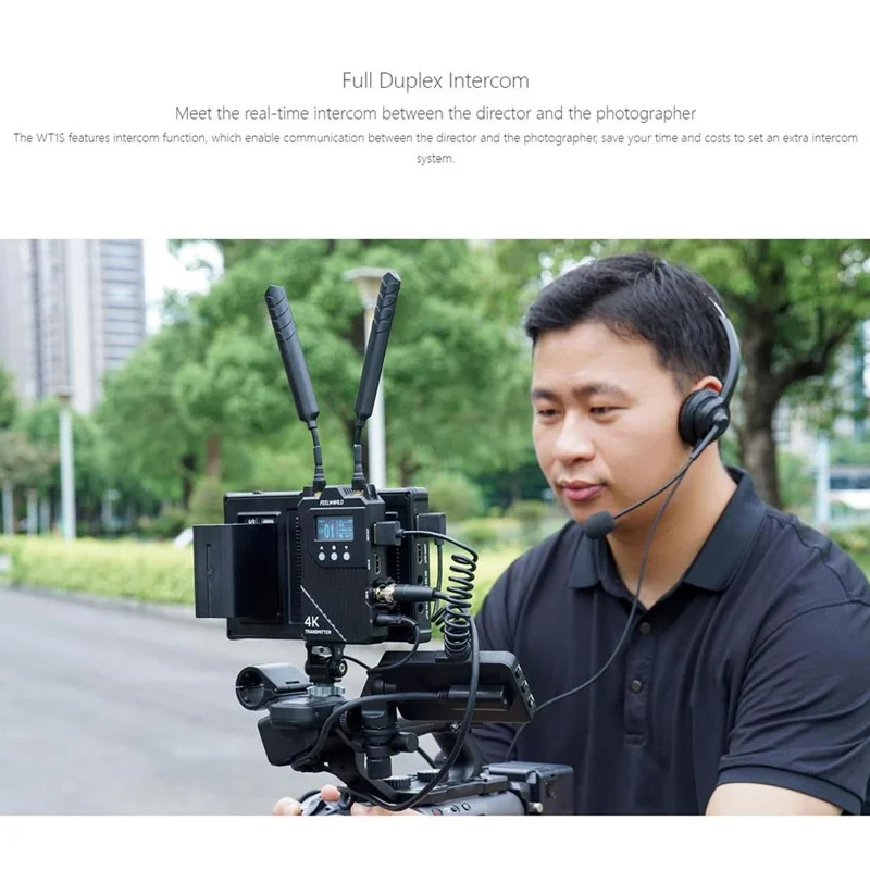 FEELWORLD WT1S Trådløs video sender/modtager sæt med dobbelt HD + SDI signalport, fuld duplex talekommunikation, 300 m rækkevidde, 4K transmission