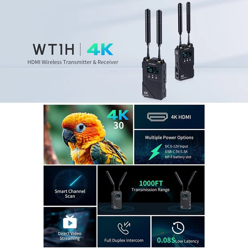 FEELWORLD WT1H Wireless Transmitter / Receiver Set Full-Duplex Voice Communication 300M Range 4K Transmission