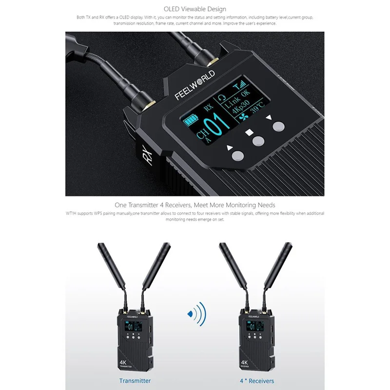 FEELWORLD WT1H Wireless Transmitter / Receiver Set Full-Duplex Voice Communication 300M Range 4K Transmission