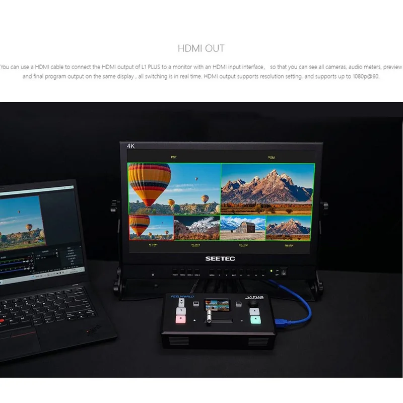 FEELWORLD L1 PLUS Videobytare / PTZ-styrning / Kromakey / Multikamerans liveproduktionsmixer för studio / sändning – US-uttag