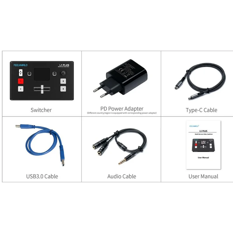 FEELWORLD L1 PLUS Videobytare / PTZ-styrning / Kromakey / Multikamerans liveproduktionsmixer för studio / sändning – US-uttag