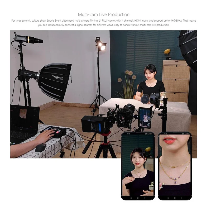 FEELWORLD L1 PLUS Videobytare / PTZ-styrning / Kromakey / Multikamerans liveproduktionsmixer för studio / sändning – US-uttag