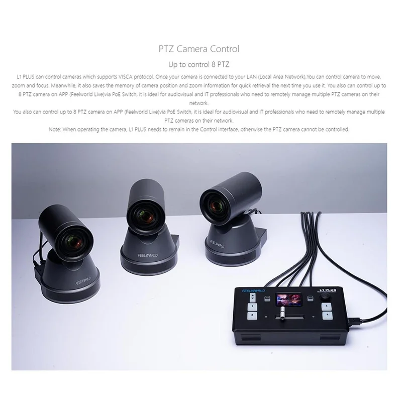 FEELWORLD L1 PLUS Videobytare / PTZ-styrning / Kromakey / Multikamerans liveproduktionsmixer för studio / sändning – US-uttag