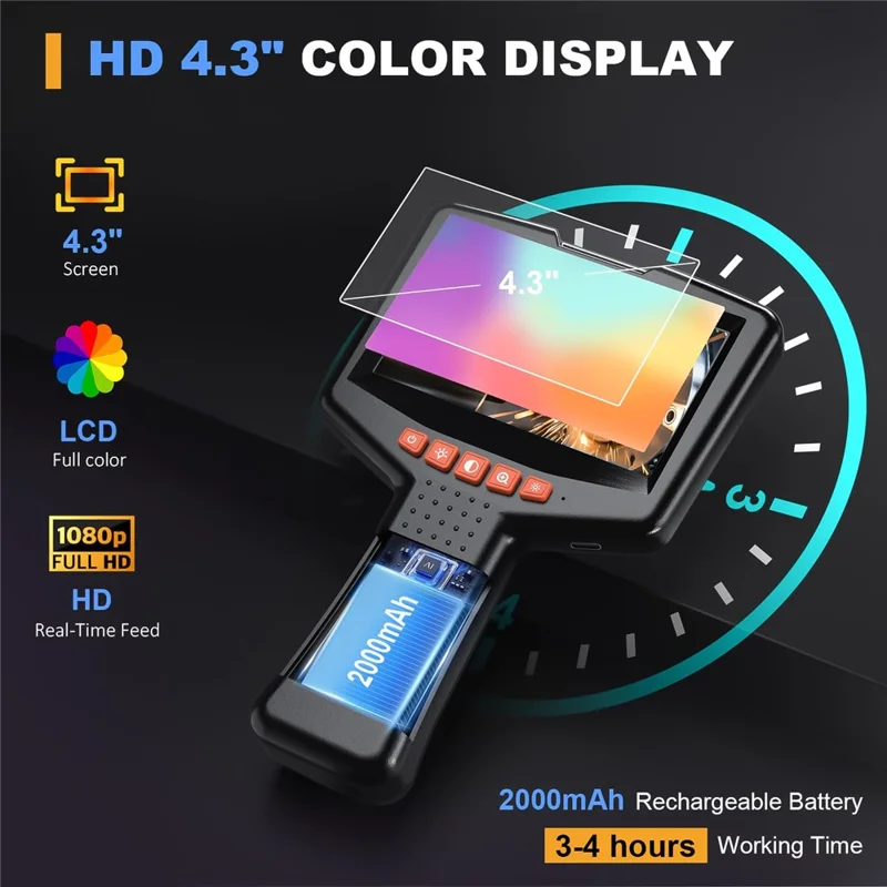 Câmera de Inspeção Industrial Endoscópio Portátil HD com Tela IPS de 4,3 Polegadas, Lente Única de 8 mm, Cabo de 2 m, Modelo G41