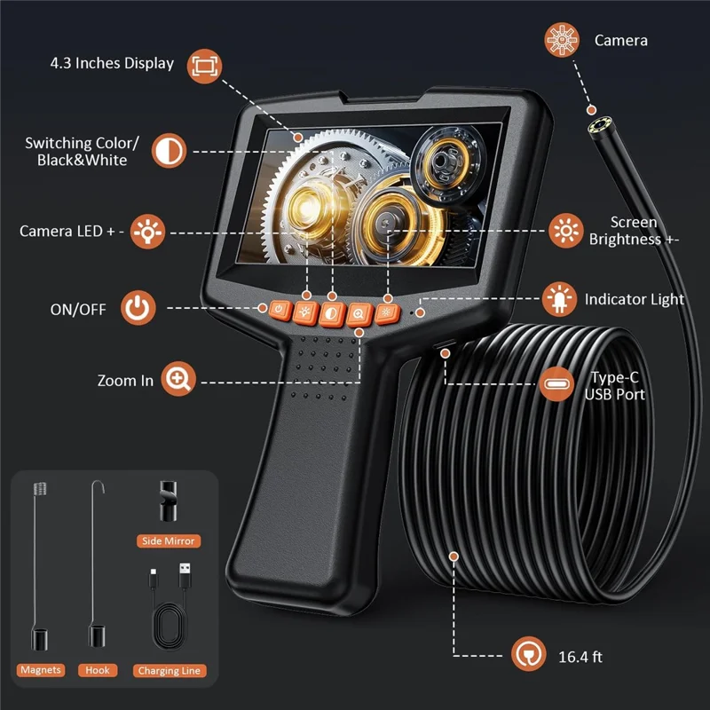 G41 Cable de 10 m Lente única de 8 mm Pantalla IPS de 4.3 pulgadas Cámara de inspección industrial portátil HD Endoscopio