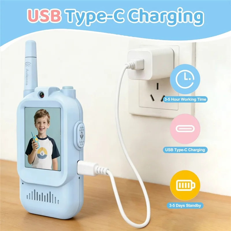 JK200 1 Pair 2.0 Inch Screen Interactive Video Walkie Talkie Set for Children 150-500m Range Communication - Blue+Blue