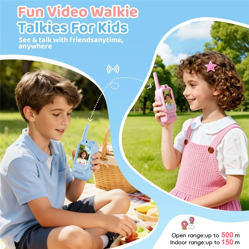 JK200 1 Pair 2.0 Inch Screen Interactive Video Walkie Talkie Set for Children 150-500m Range Communication - Blue+Blue