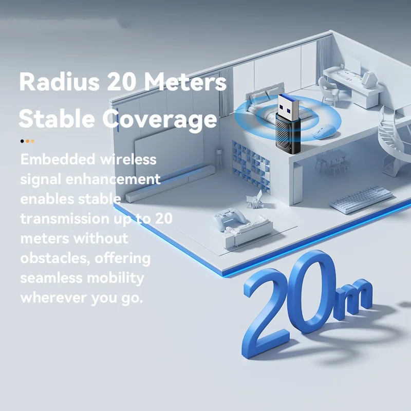 Adaptador Bluetooth ESSAGER USB 5.3 com Alcance de Sinal de 20m, Plug and Play Compatível com Windows 8 / 10 / 11