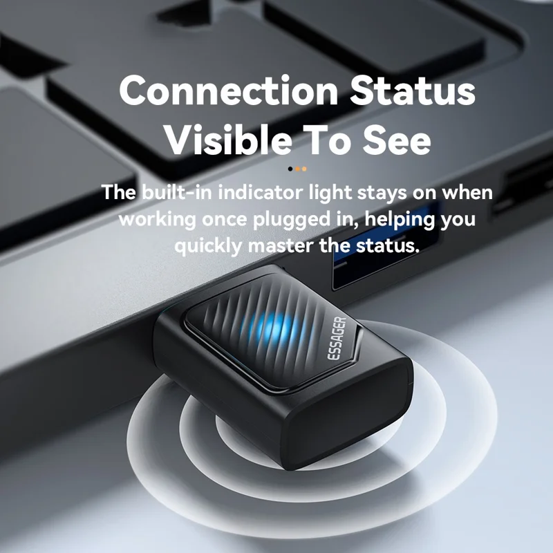 Adaptador Bluetooth ESSAGER USB 5.3 com Alcance de Sinal de 20m, Plug and Play Compatível com Windows 8 / 10 / 11