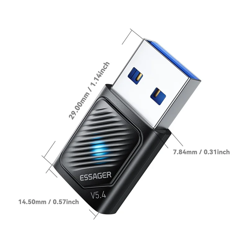 Adaptador Bluetooth ESSAGER USB 5.4 Compatível Alcance de Sinal de 20m Plug and Play Compatível com Windows 8 / 10 / 11