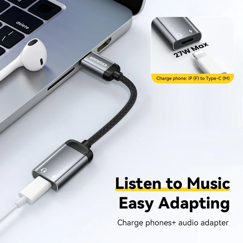 ESSAGER 15cm 2 in 1 Adattatore Audio Type-C Femmina a iP Maschio per Ricarica e DAC Audio Digitale - Grigio