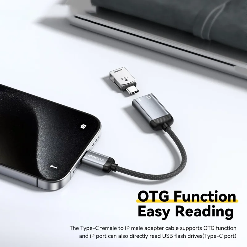 ESSAGER 15cm 2 in 1 Adattatore Audio Type-C Femmina a iP Maschio per Ricarica e DAC Audio Digitale - Grigio