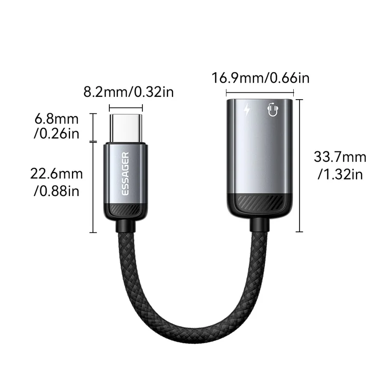 ESSAGER 15cm 2 in 1 Audio Adapter iP Female to Type-C Male Charging Audio DAC Digital Decoding - Grey