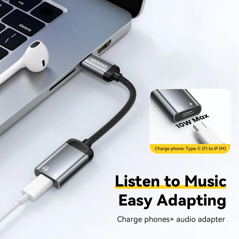 ESSAGER 15cm 2 in 1 Audio Adapter iP Female to Type-C Male Charging Audio DAC Digital Decoding - Grey
