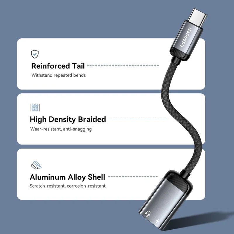 ESSAGER 15cm 2 in 1 Audio Adapter iP Female to Type-C Male Charging Audio DAC Digital Decoding - Grey