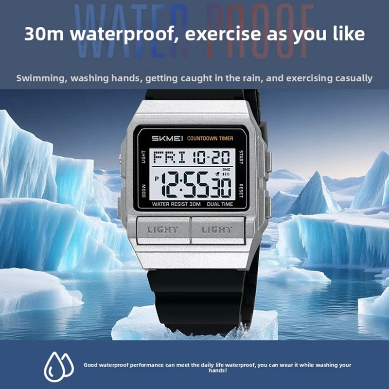 SKMEI 2475 Square Digital Watch for Students Chronograph Electronic Wristwatch with EL Backlight - Black+White Dial