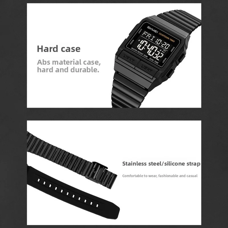 SKMEI 2475 Square Digital Watch for Students Chronograph Electronic Wristwatch with EL Backlight - Black+White Dial