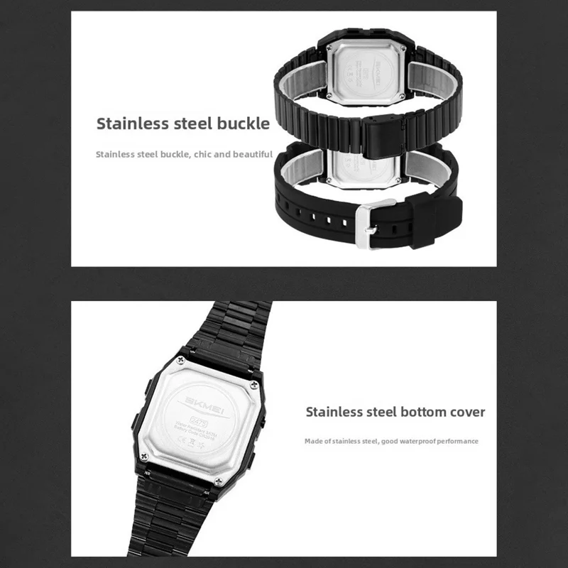 SKMEI 2475 Square Digital Watch for Students Chronograph Electronic Wristwatch with EL Backlight - Black+White Dial