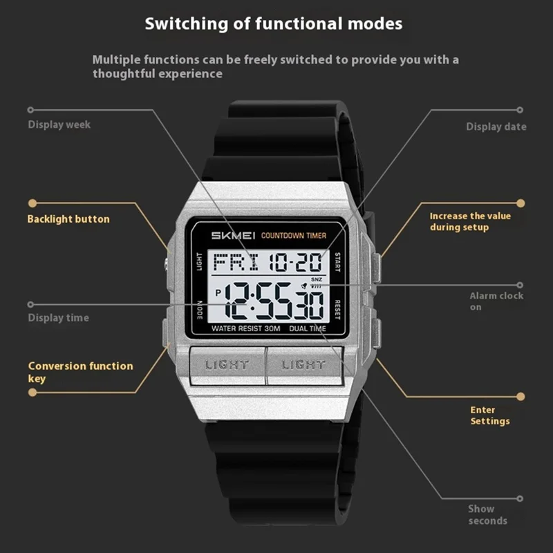SKMEI 2475 Square Digital Watch for Students Chronograph Electronic Wristwatch with EL Backlight - Black+White Dial